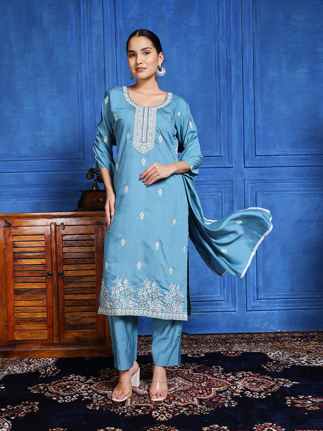 Printed Cotton Blend Kurta With Pants & Dupatta