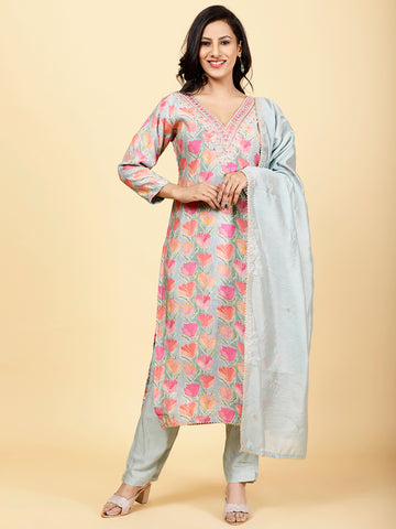 Floral Printed Cotton Kurta With Pants & Dupatta