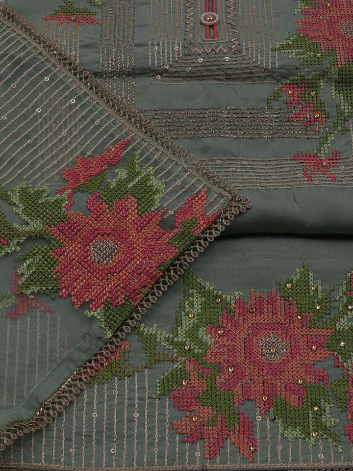 Neck Embroidered Chanderi Unstitched Suit With Dupatta