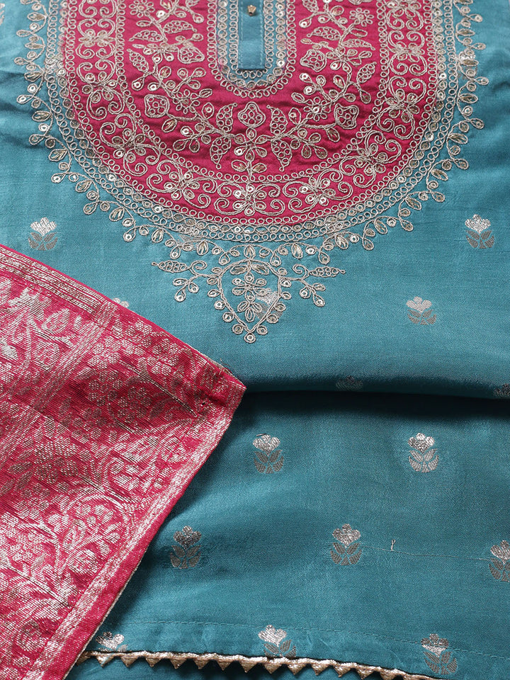 Embroidered Chanderi Unstitched Suit With Pant &amp; Dupatta