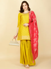 Woven Banarasi Kurti With Sharara & Dupatta