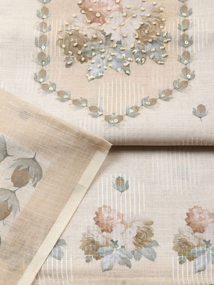 Embroidered Linen Blend Unstitched Suit With Pant Dupatta