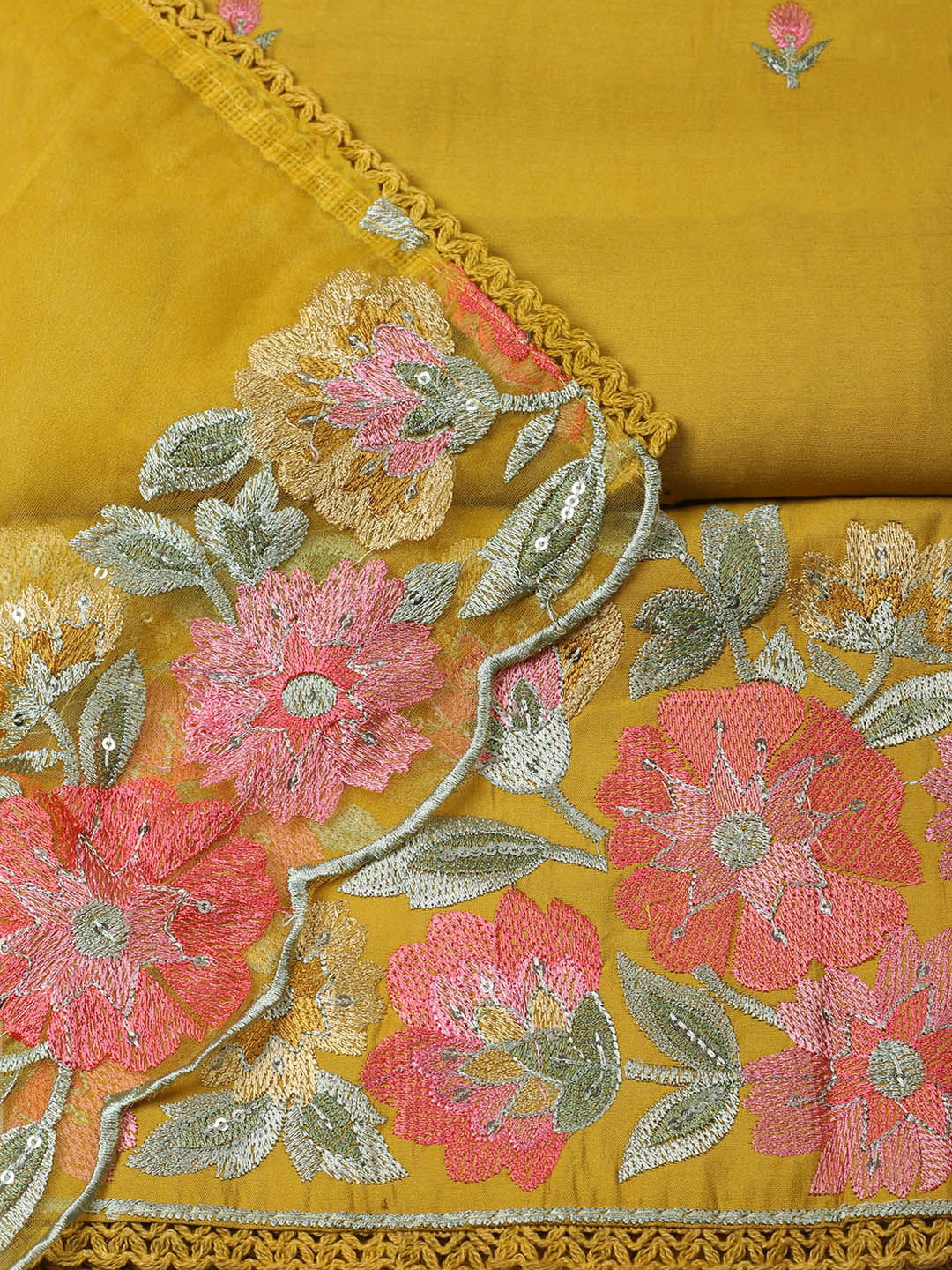 Embroidered Chanderi Unstitched Suit With Pant &amp; Dupatta
