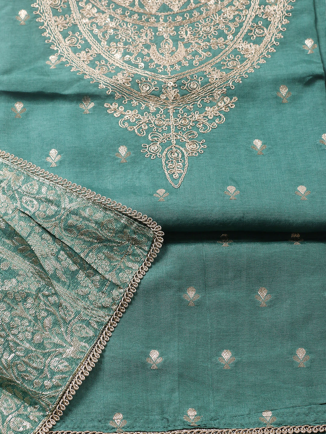 Embroidered Chanderi Unstitched Suit With Pant &amp; Dupatta