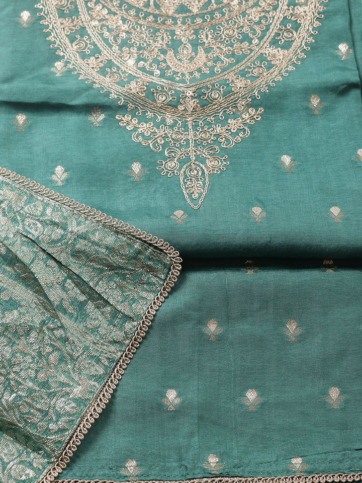 Embroidered Chanderi Unstitched Suit With Pant &amp; Dupatta
