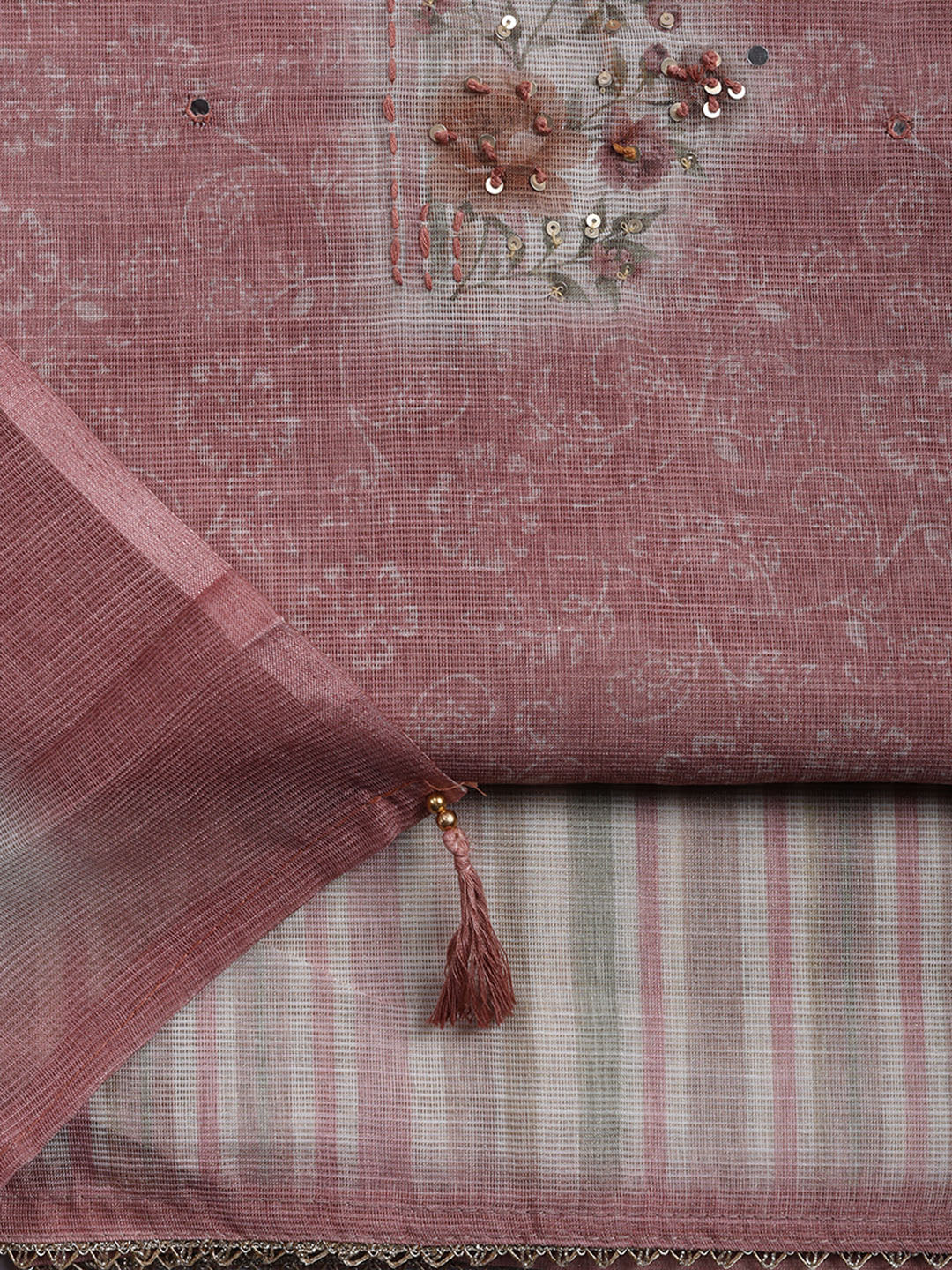 Printed Linen Blend Unstitched Suit With Pant &amp; Dupatta