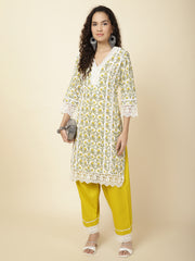 Printed & Panel Embroidery Cotton Kurta With Pants