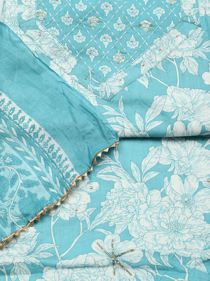 Embroidered Cotton Blend Unstitched Suit With Pant &amp; Dupatta