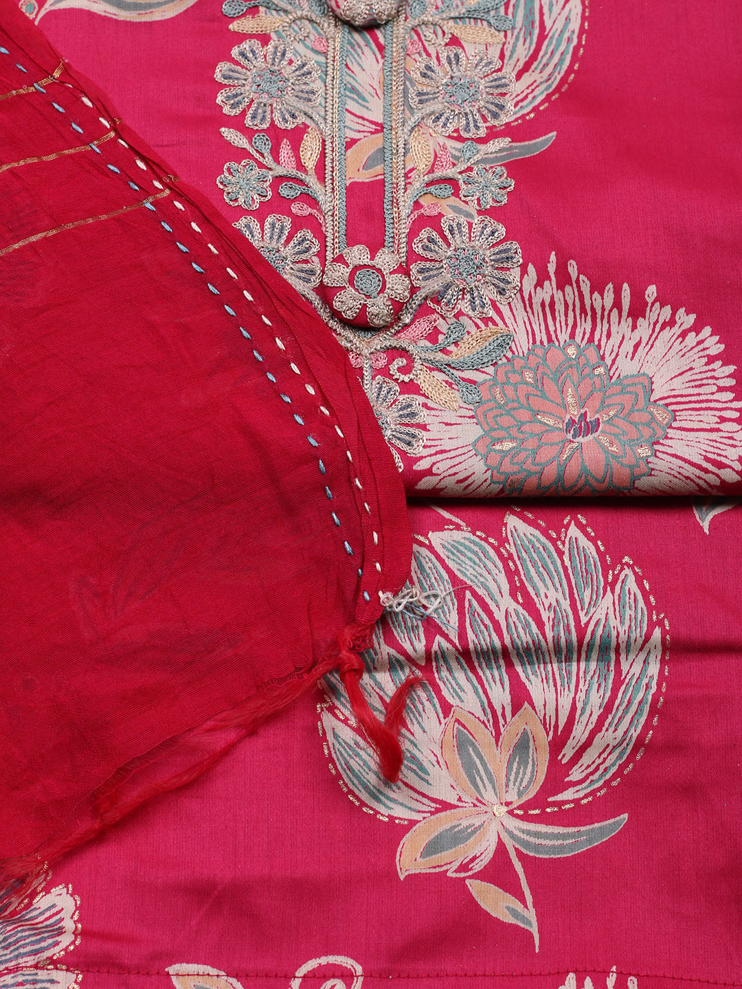 Embroidered Cotton Blend Unstitched Suit With Pant &amp; Dupatta