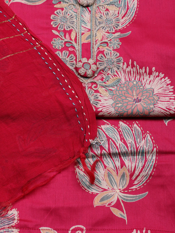 Embroidered Cotton Blend Unstitched Suit With Pant &amp; Dupatta