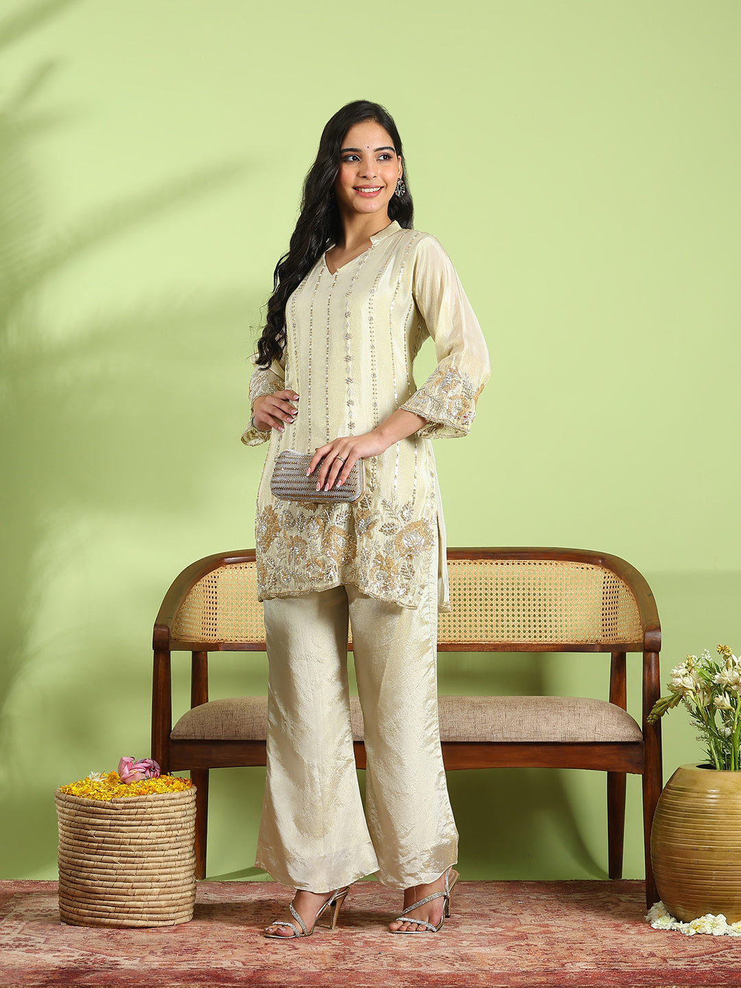 Embroidered Chinon Kurta With Pant