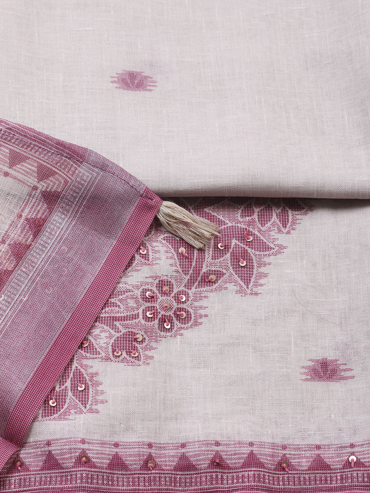 Printed Linen Blend Unstitched Suit With Pant &amp; Dupatta