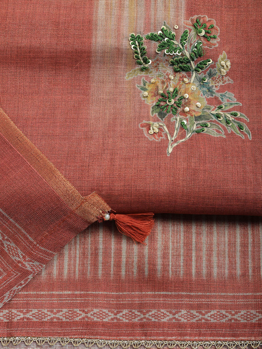 Printed Linen Blend Unstitched Suit With Pant &amp; Dupatta