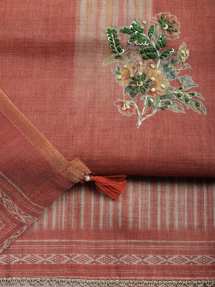 Printed Linen Blend Unstitched Suit With Pant &amp; Dupatta
