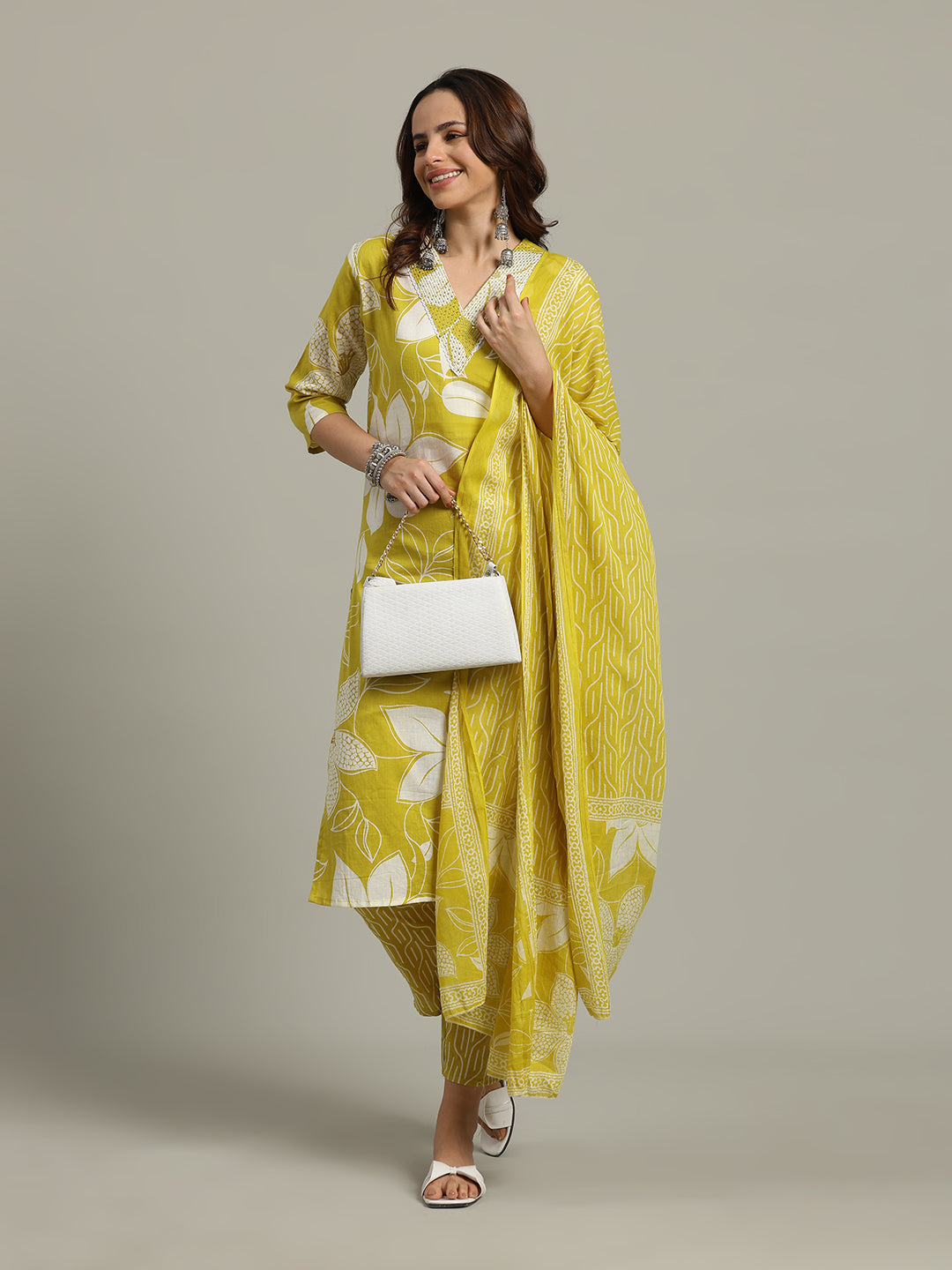 Floral Printed Cotton Blend Kurta With Pants &amp; Dupatta
