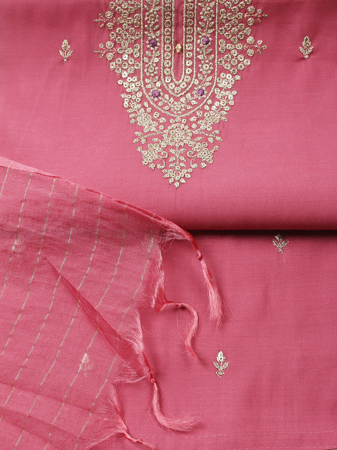 Embroidered Chanderi Unstitched Suit With Pant &amp; Dupatta