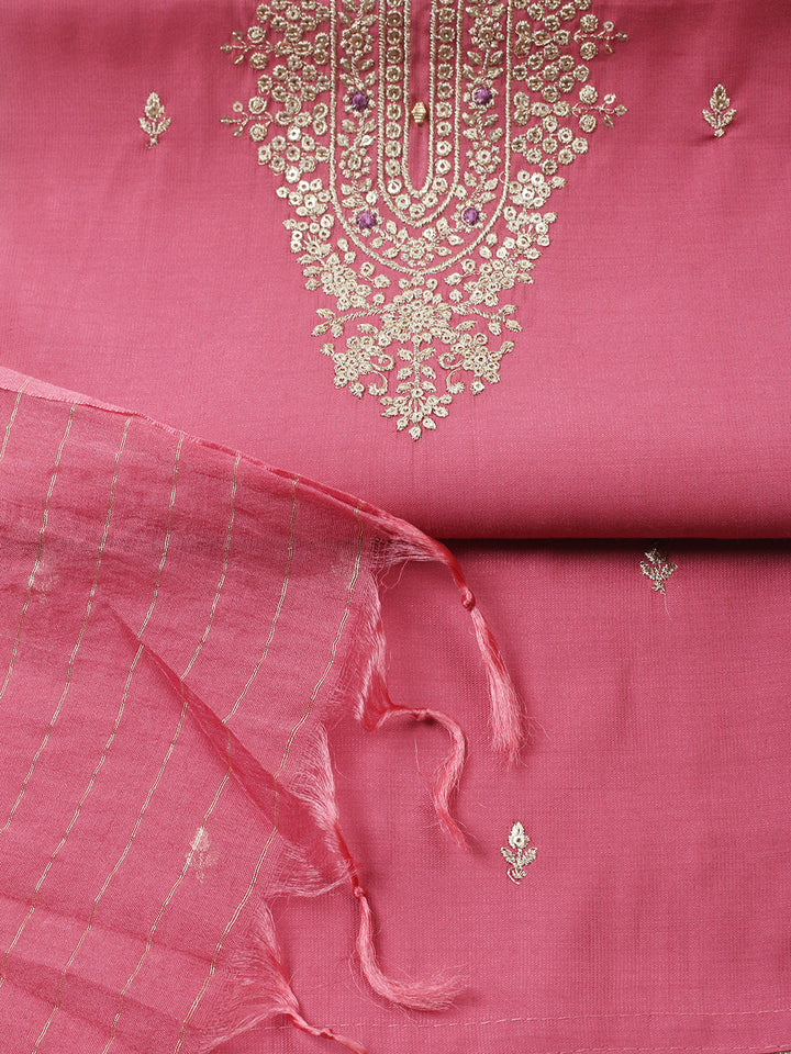 Embroidered Chanderi Unstitched Suit With Pant &amp; Dupatta