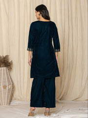 Zari Neck Embroidered Velvet Kurta With Pants