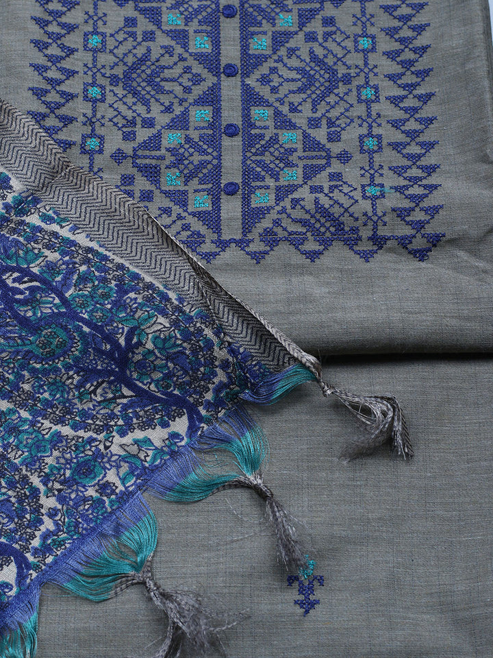 Embroidered Cotton Blend Unstitched Suit With Pant &amp; Dupatta