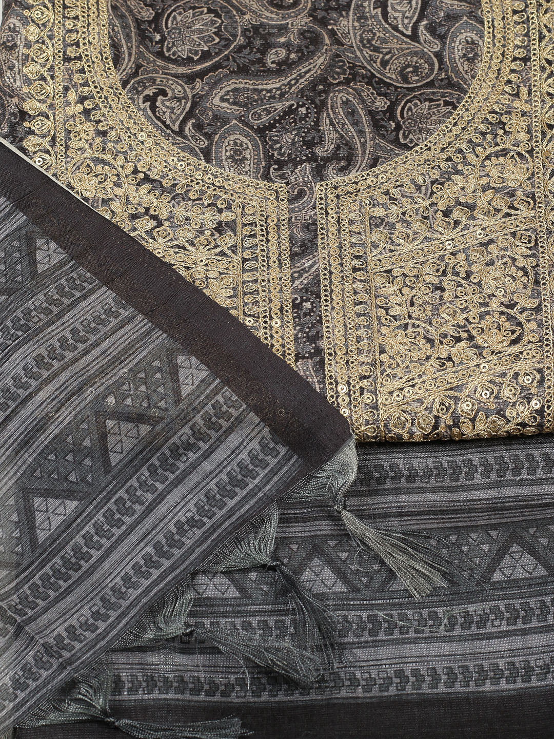 Embroidered Chanderi Unstitched Suit With Pant &amp; Dupatta