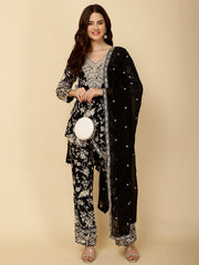 Floral Embroidery Georgette Kurti With Pants & Dupatta