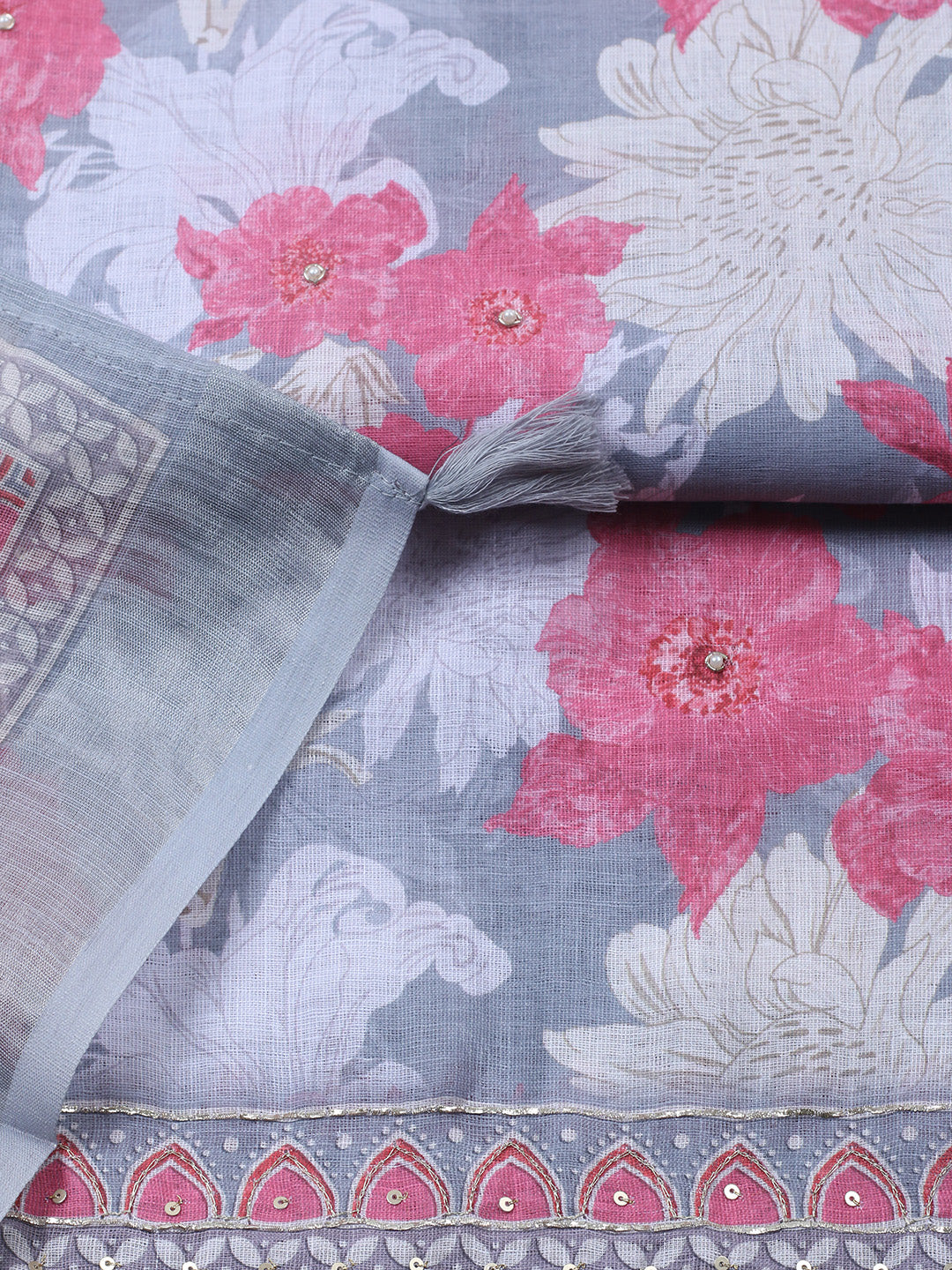 Embroidered Linen Blend Unstitched Suit With Pant &amp; Dupatta