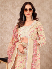 Neck Embroidery Cotton Blend Kurta With Pants & Dupatta