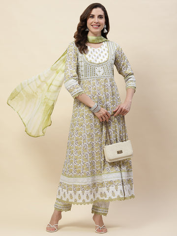 Printed Cotton Kurta With Pants & Dupatta