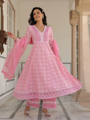 Cotton Blend Anarkali Embroidered Suit Set With Lace