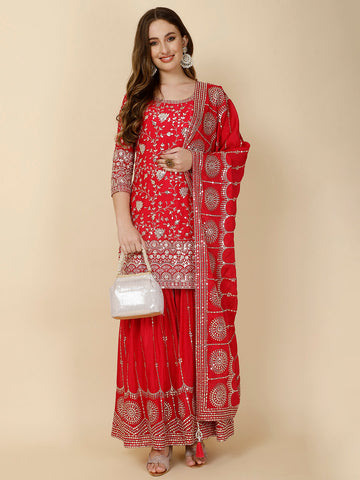 All Over Sequin Embroidery Crepe Suit Set With Garara & Dupatta