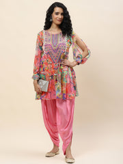 Neck Embroidered Chiffon Kurti With Dhoti Pant