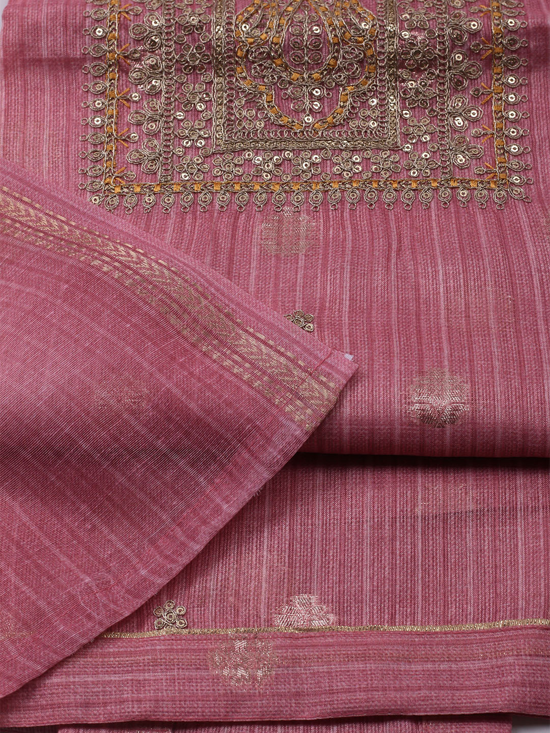 Embroidered Chanderi Unstitched Kurta With Pant & Dupatta