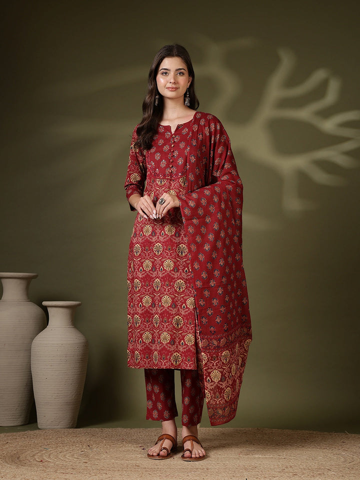 Printed Cotton Blend Kurta With Pant &amp; Dupatta