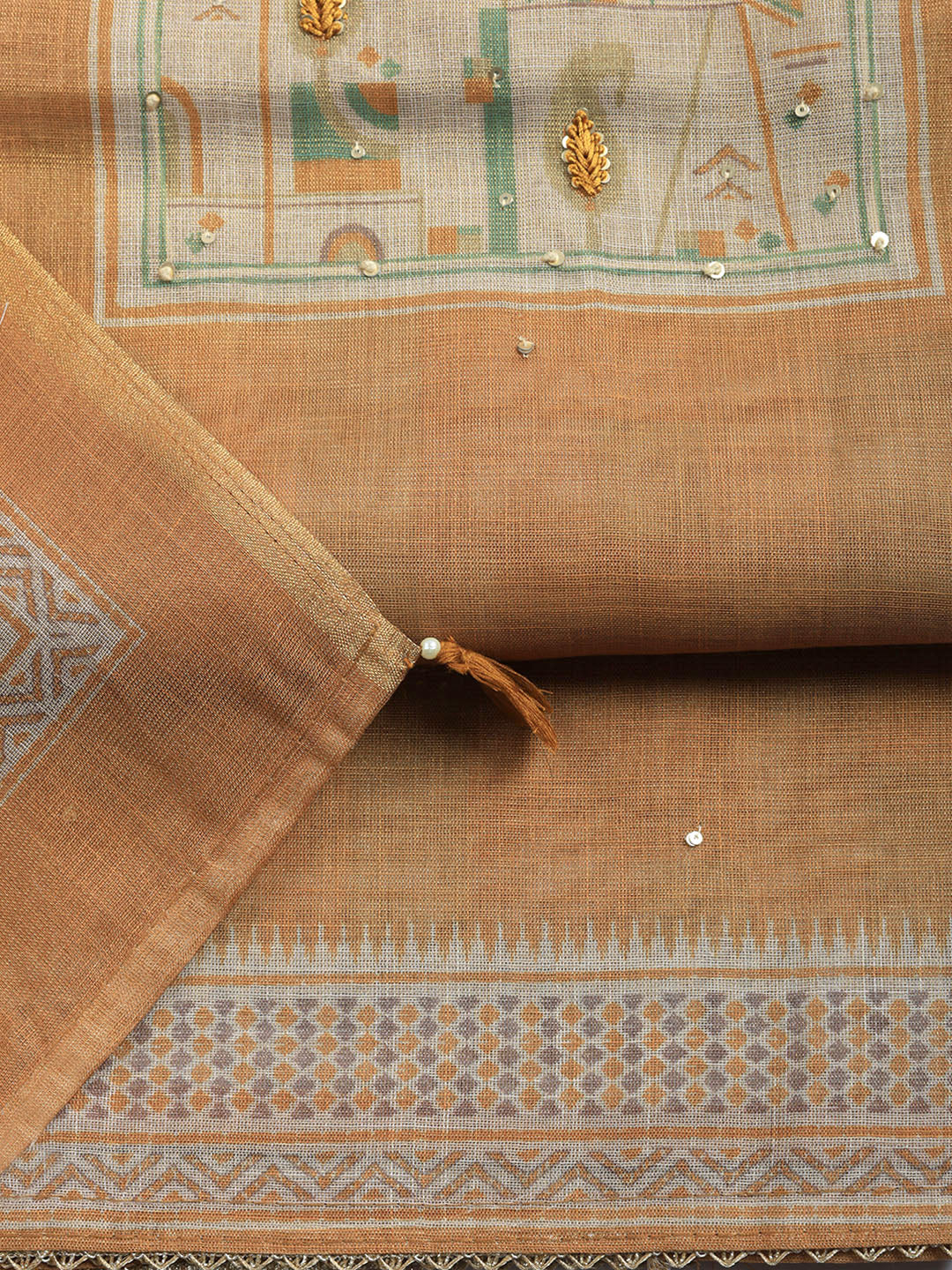 Printed Linen Blend Unstitched Suit With Pant &amp; Dupatta