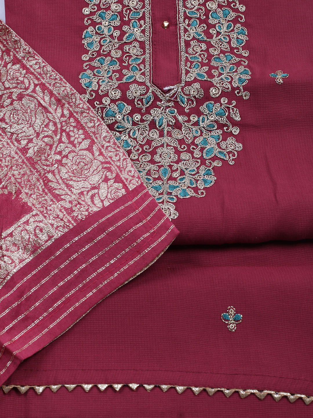 Neck Embroidered Cotton Blend Unstitched Suit With Dupatta