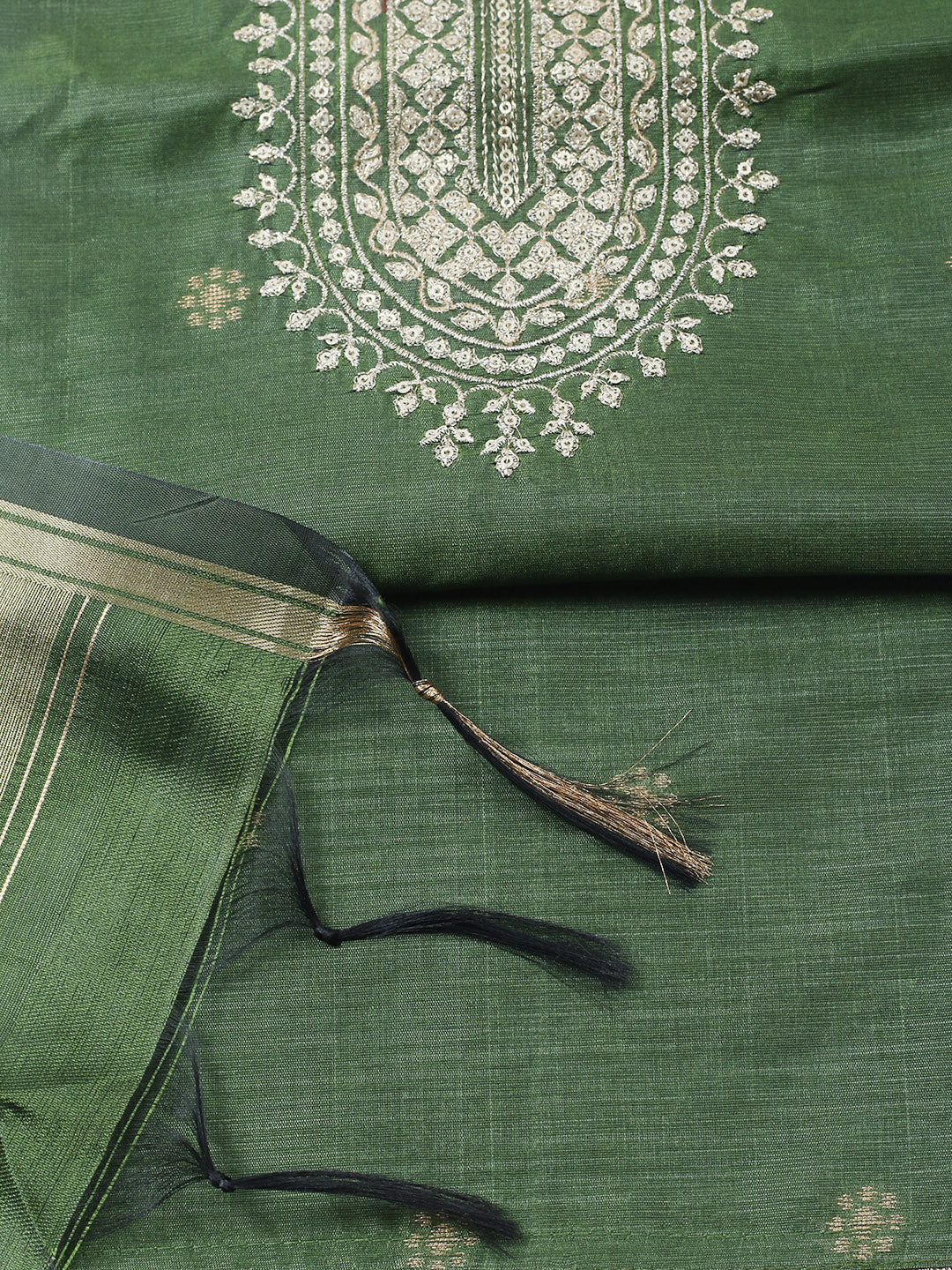 Embroidered Chanderi Unstitched Suit With Pant &amp; Dupatta