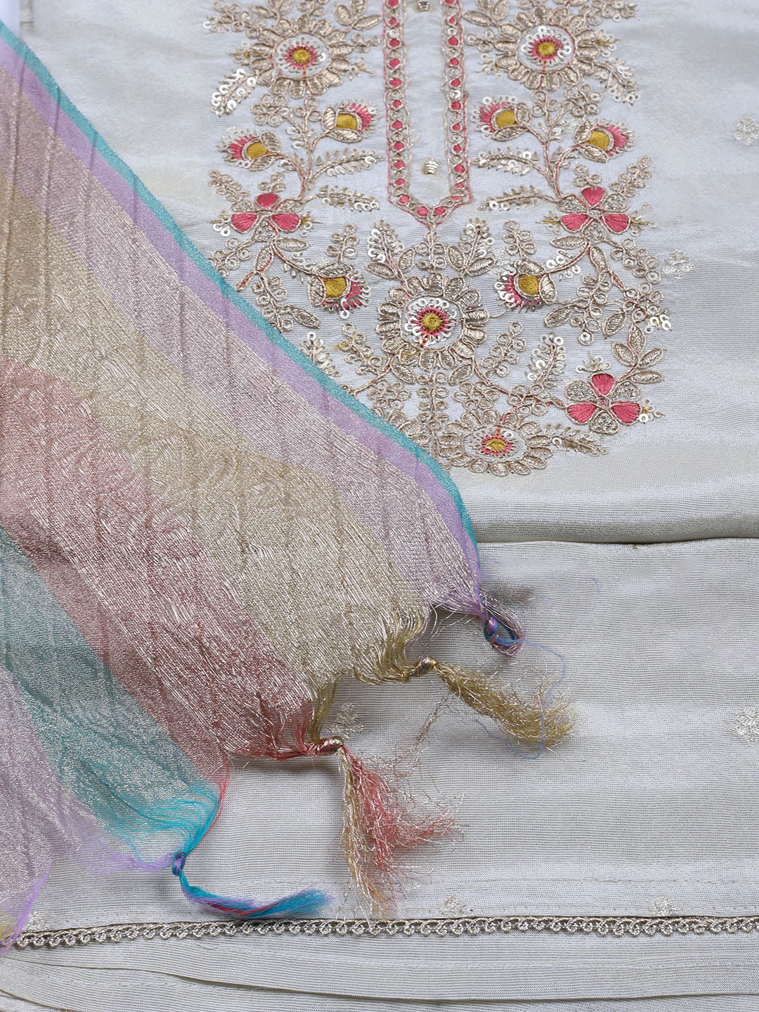 Neck Embroidered Chanderi Unstitched Suit With Dupatta