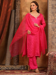 Neck Embroidered Art Silk Kurta With Pants & Dupatta