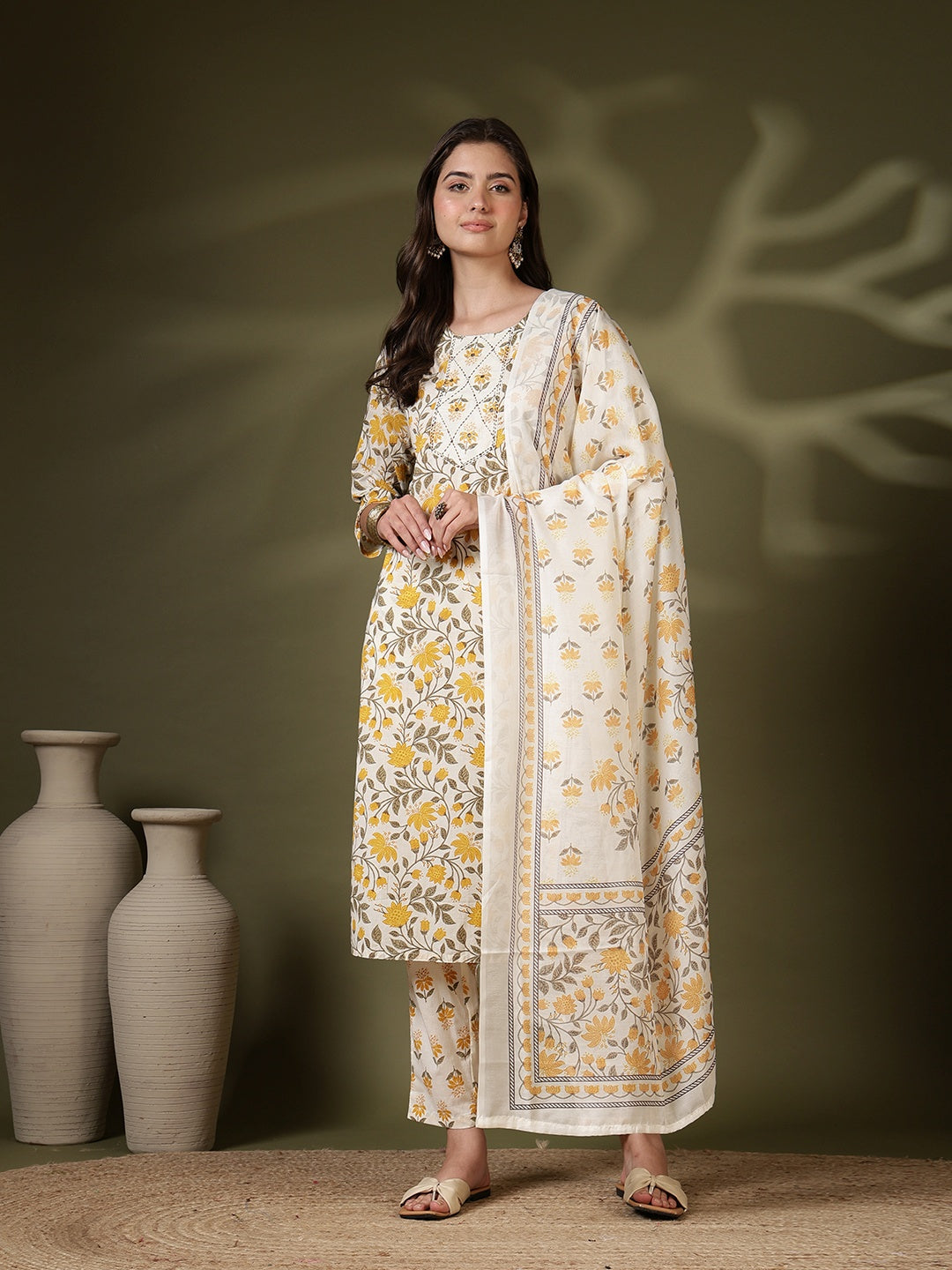 Printed Cotton Blend Kurta With Pant &amp; Dupatta