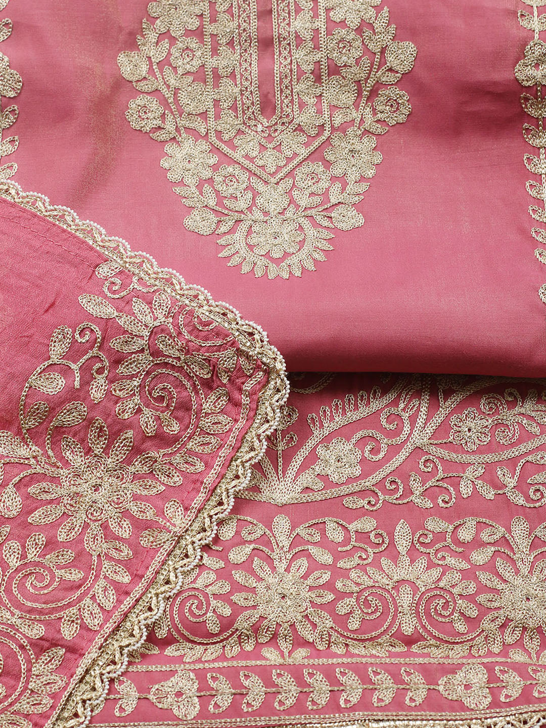 Embroidered Chanderi Unstitched Suit With Pant &amp; Dupatta