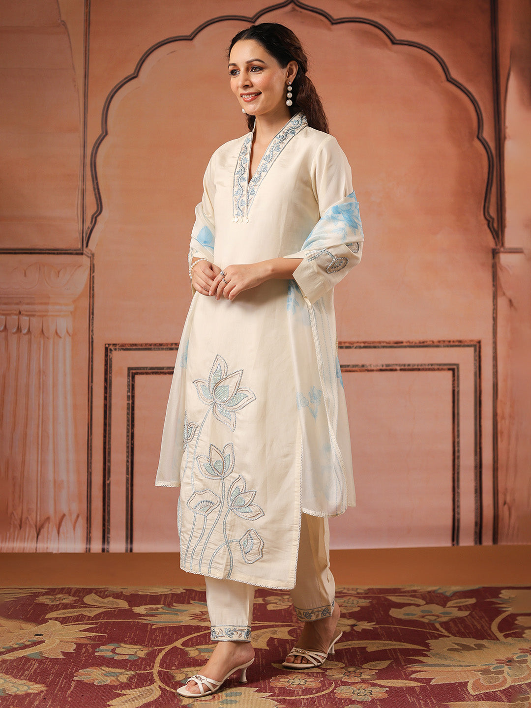 Embroidered Cotton Kurta With Pant &amp; Dupatta