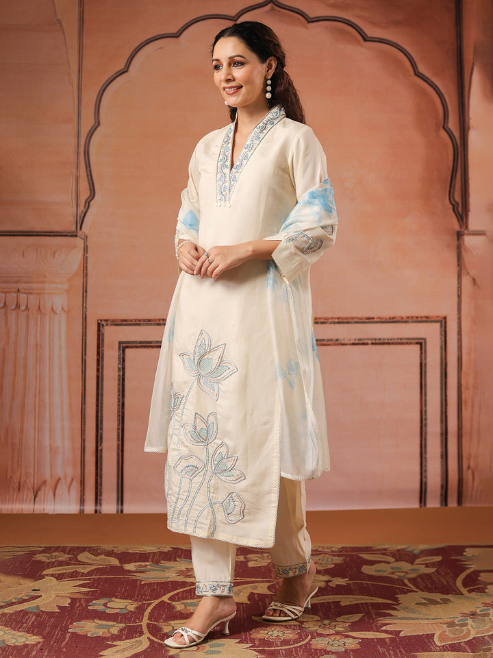 Embroidered Cotton Kurta With Pant &amp; Dupatta