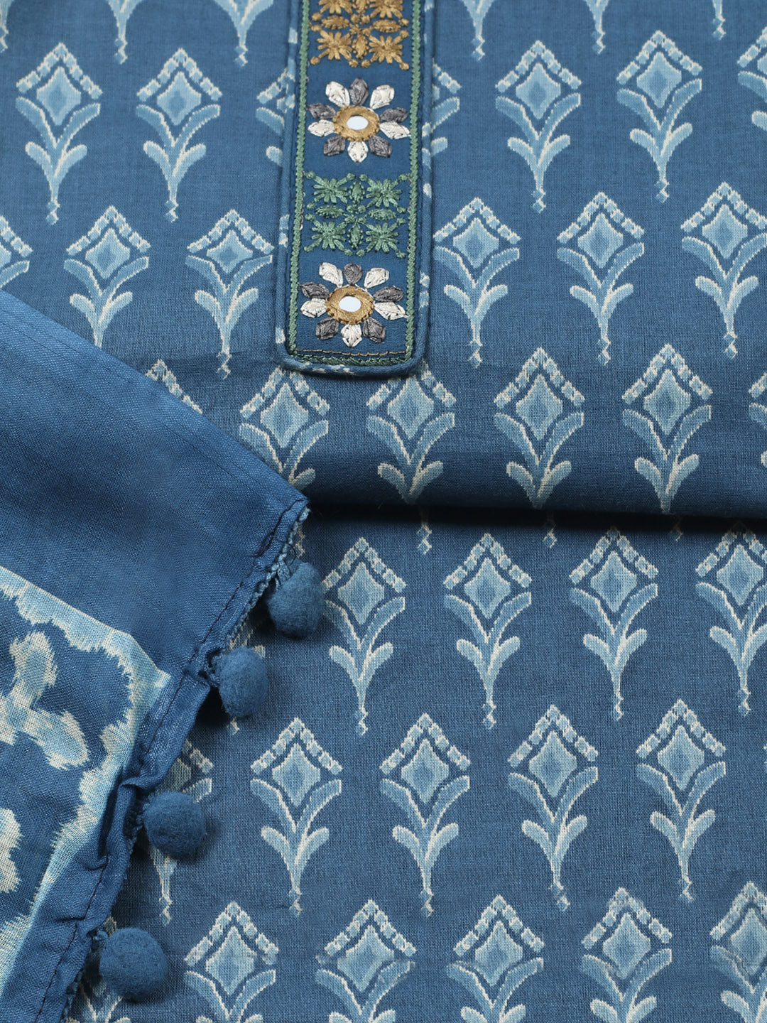 Embroidered Cotton Blend Unstitched Suit With Pant &amp; Dupatta