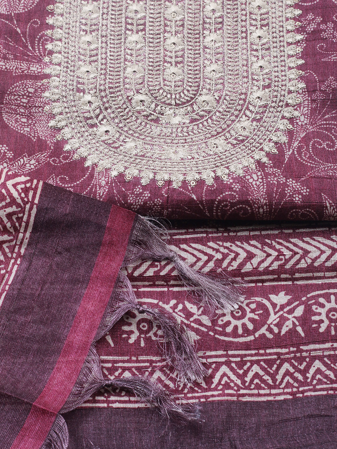 Embroidered Cotton Blend Unstitched Suit With Pant &amp; Dupatta