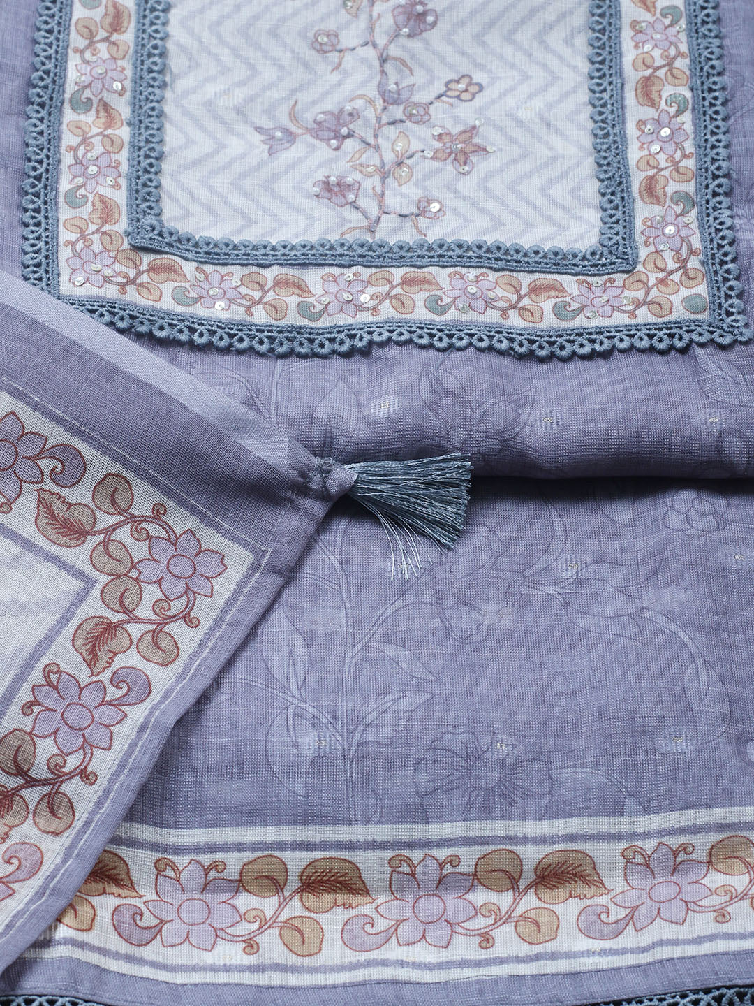 Printed Cotton Blend Unstitched Suit With Pant &amp; Dupatta