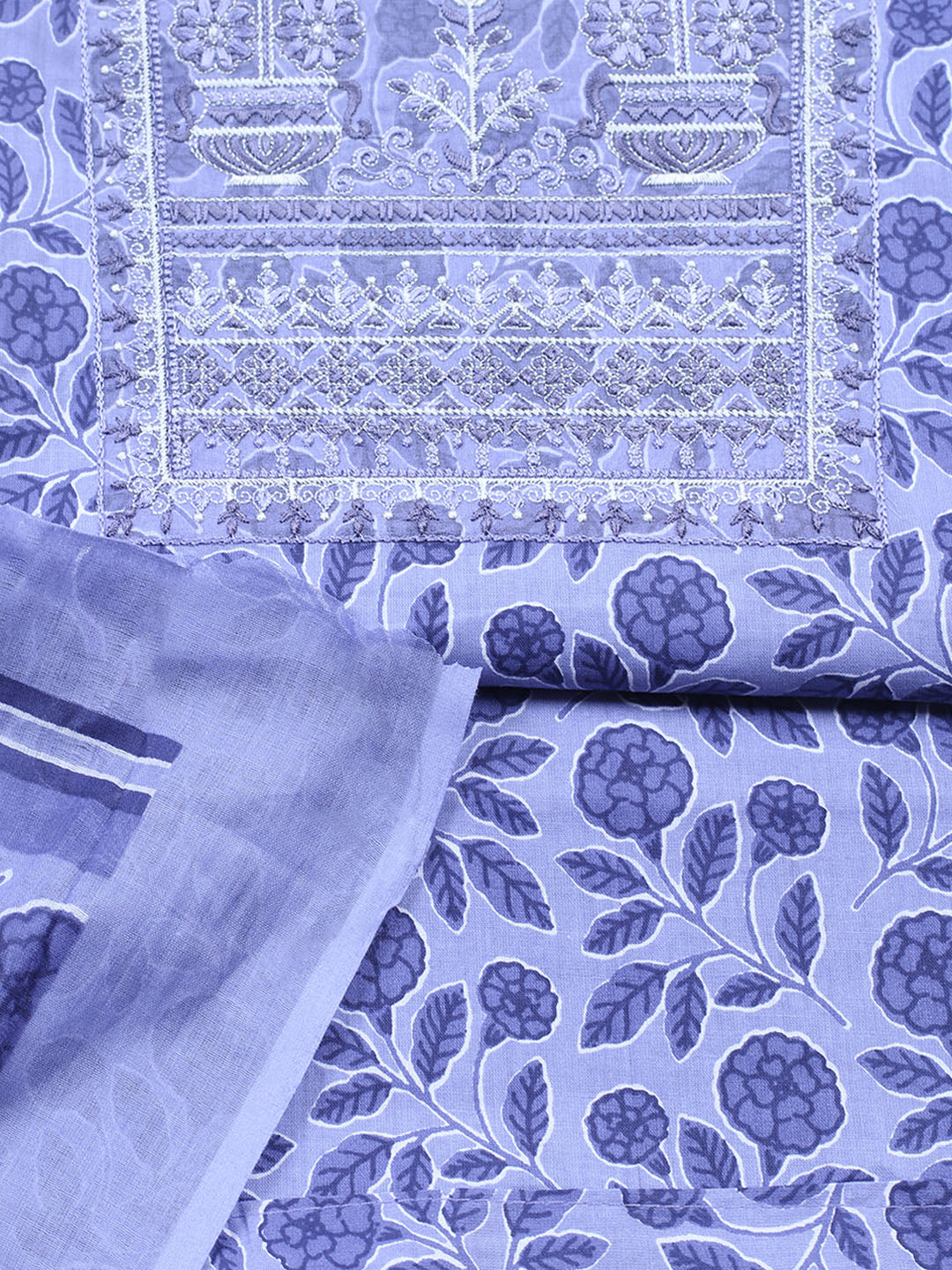 Embroidered Cotton Blend Unstitched Suit With Pant &amp; Dupatta