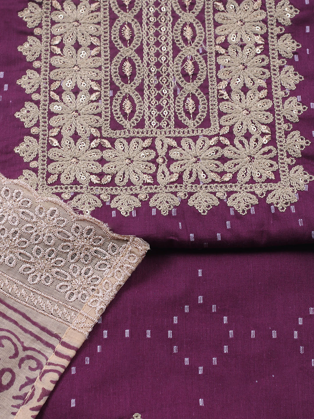 Embroidered Cotton Blend Unstitched Suit With Pant &amp; Dupatta