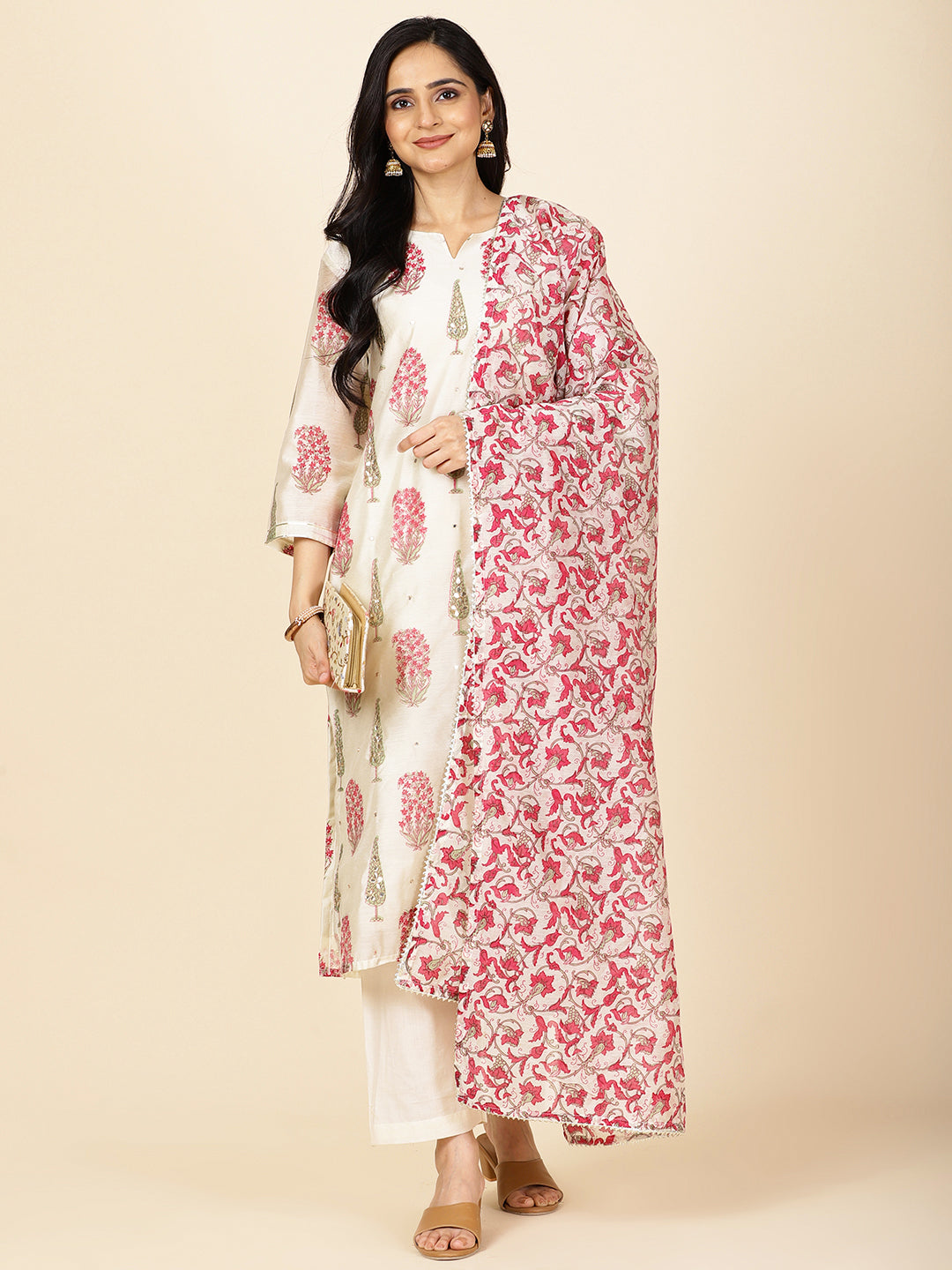 Floral Printed Chanderi Kurta With Pants & Dupatta