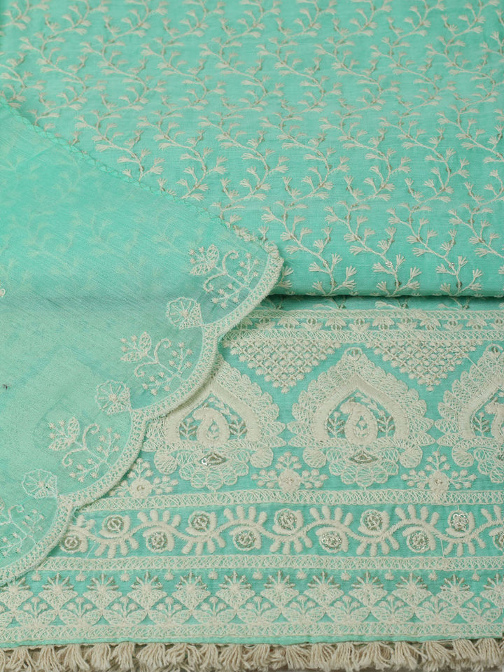 Embroidered Chanderi Unstitched Suit With Pant &amp; Dupatta