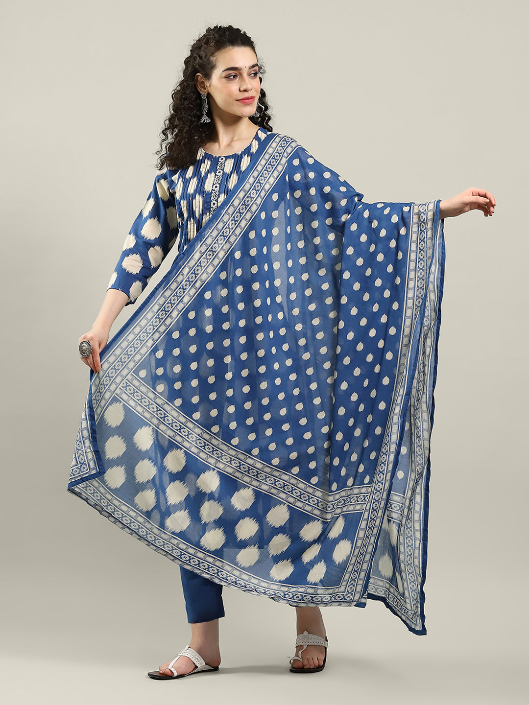 Printed Cotton Blend Kurta With Pants & Dupatta
